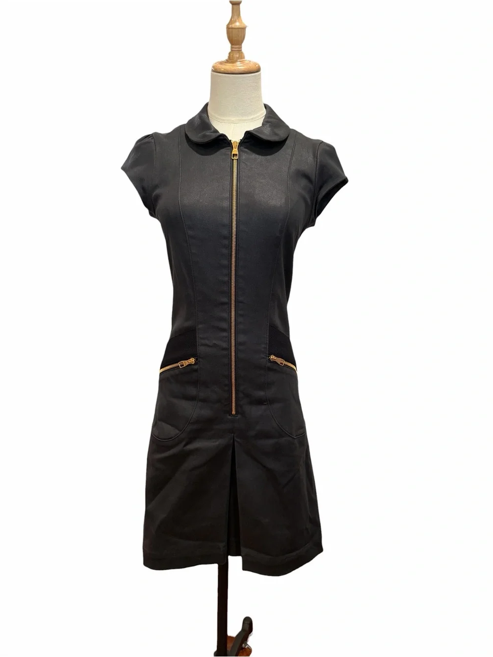 Louis Vuitton Black Short-Sleeve Zip-Front Mini Dress with Gold Accents